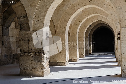 Image of arches and columns in Sultanhani caravansary on Silk Road, Turkey