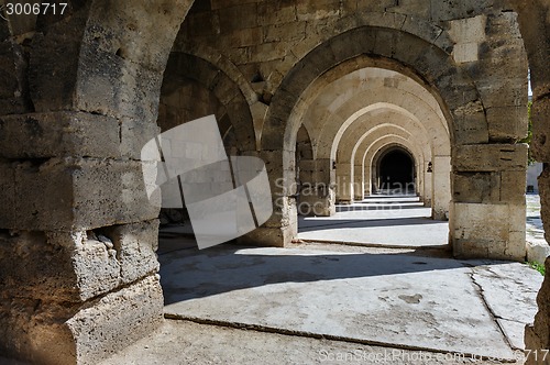 Image of arches and columns in Sultanhani caravansary on Silk Road, Turkey