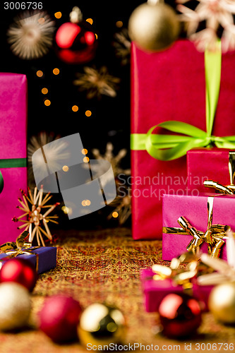 Image of Xmas Background with Gifts, Stars and Spheres