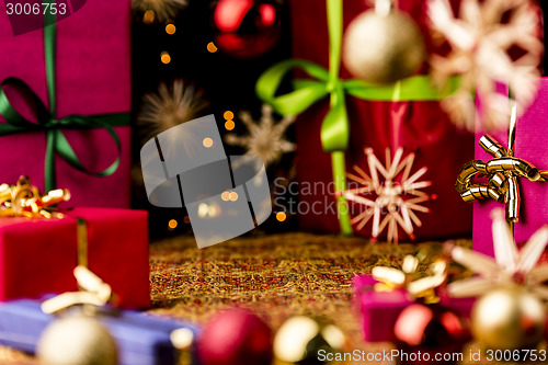 Image of Christmas Background with Baubles, Bows and Boxes