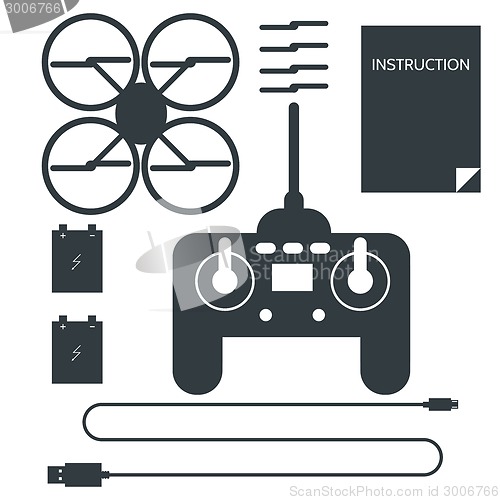 Image of Complete set for quadrocopter. Flat icons vector collection.