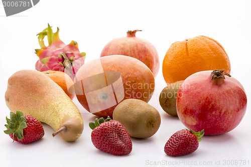 Image of Mango, pomegranate, pitaya, orange, pear, kiwi and mandarine