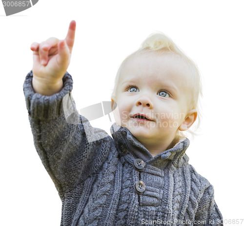 Image of Cute Little Boy In Sweater Pointing On White