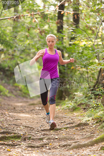 Image of Pretty young girl runner in the forest. 