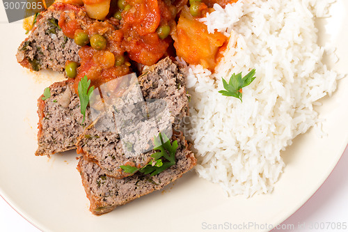 Image of Meatloaf meal with rice from above