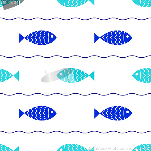 Image of Seamless nautical pattern with fish and waves.