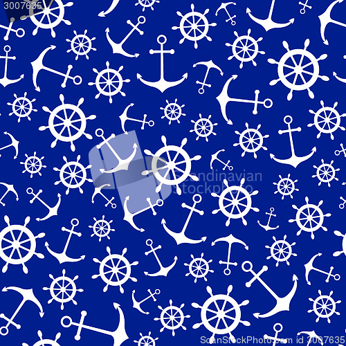 Image of Seamless nautical pattern with scattered white anchors and ship 