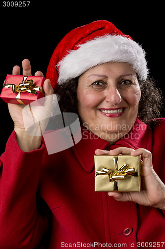 Image of Happy Old Woman with Santa Hat and Two Xmas Gifts
