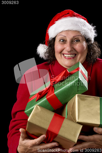 Image of Cheerful Old Lady Offering Three Wrapped Gifts 
