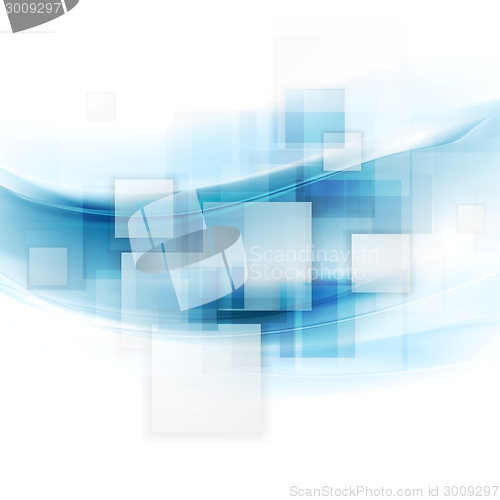 Image of Shiny blue tech background with squares and waves