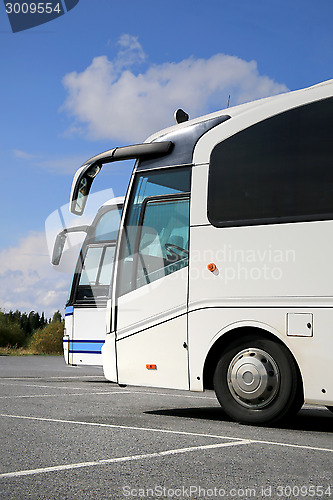 Image of Two White Coach Buses and Summer Sky