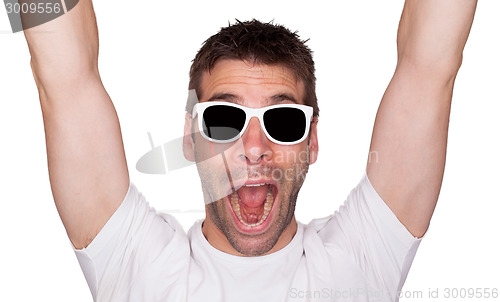 Image of Funny portrait of a man cheering