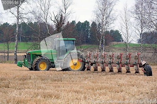 Image of John Deere 8100 Agricultural Tractor and Kverneland PB100 Plough