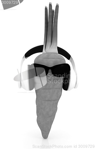 Image of carrot with sun glass and headphones front "face"