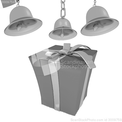 Image of Gold bell and red gift box with golden ribbon