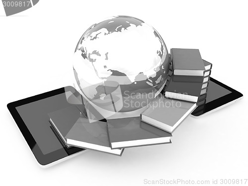 Image of tablet pc and earth with colorful real books