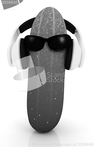 Image of cucumber with sun glass and headphones front "face"