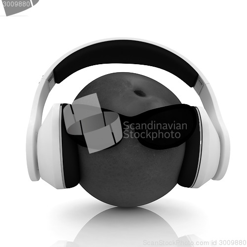 Image of fresh peaches with sun glass and headphones front "face" 
