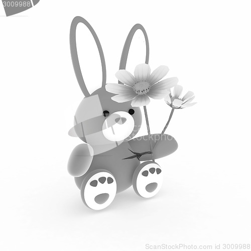 Image of soft toy hare with a little red hearts on white paws and cosmos 