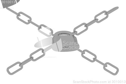 Image of gold chains and padlock on white background - 3d illustration