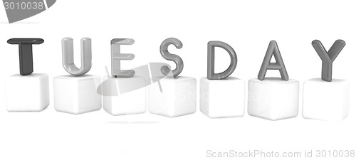 Image of Colorful 3d letters "Tuesday" on white cubes