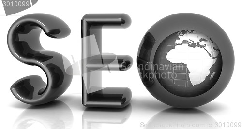 Image of Blue metallic text 'SEO' with earth globe, symbol. 3d illustrati