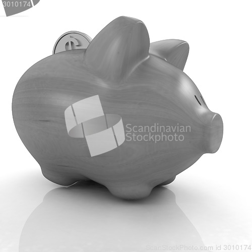 Image of Wooden piggy bank and falling coins