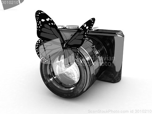 Image of 3d illustration of photographic camera and butterfly