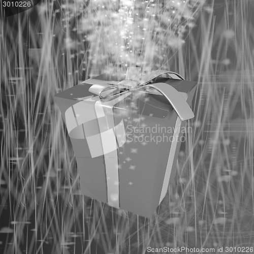 Image of red gift box with golden ribbon on fantastic background