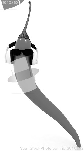 Image of chili pepper with sun glass and headphones front "face"