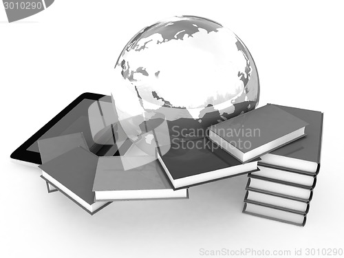 Image of tablet pc and earth with colorful real books