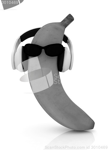 Image of banana with sun glass and headphones front "face"