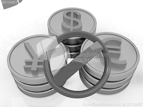 Image of gold coins with 3 major currencies and prohibitive sign