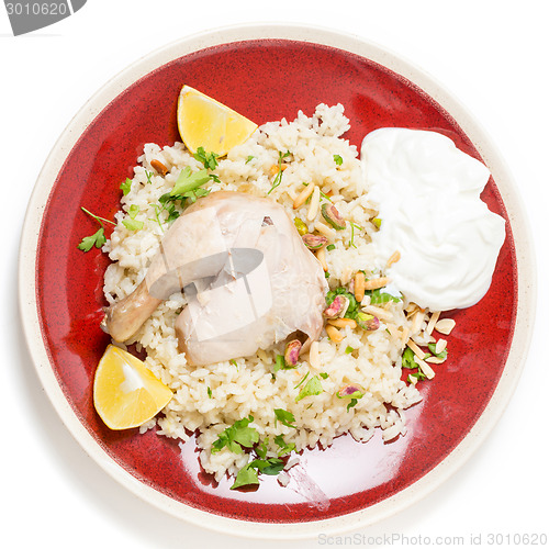 Image of Chicken pilaf meal from above