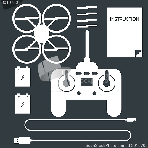 Image of Complete set for quadrocopter. Flat icons vector collection.