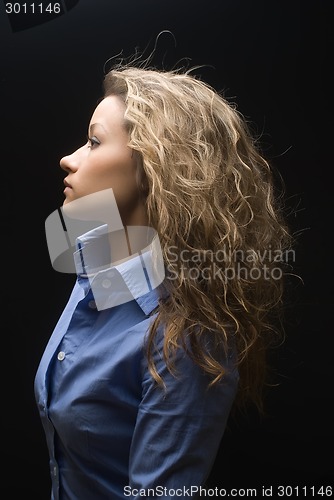 Image of Attractive brunette woman in shirt