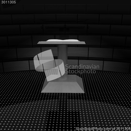 Image of 3d render of podium with an open book 