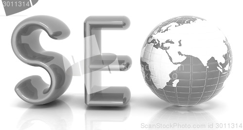 Image of 3d illustration of text 'SEO' with earth globe, symbol