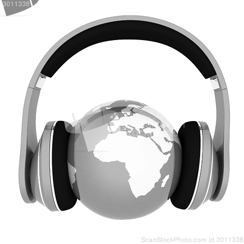 Image of World music 3D render of planet Earth with headphones 
