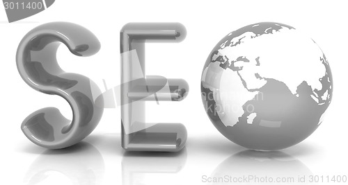 Image of 3d illustration of text 'SEO' with earth globe, symbol