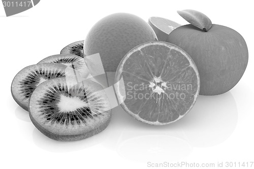 Image of slices of kiwi, apple, orange and half orange