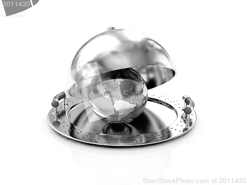 Image of Earth globe on glossy salver dish under a cover