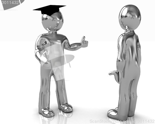 Image of Golden 3D mans in a grad hat and a man