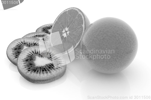 Image of slices of kiwi, orange and half orange