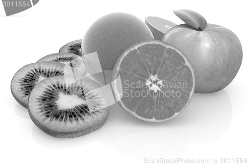 Image of slices of kiwi, apple, orange and half orange