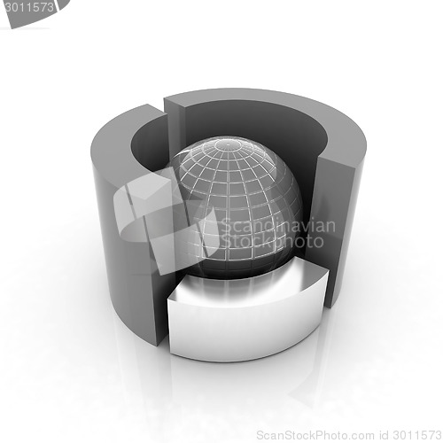 Image of 3D circular diagram and sphere on white background 