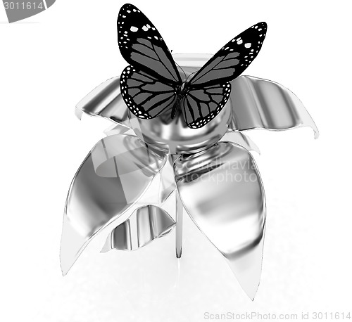 Image of Red butterflys on a chrome flower with a gold head
