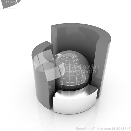 Image of 3D circular diagram and sphere on white background 