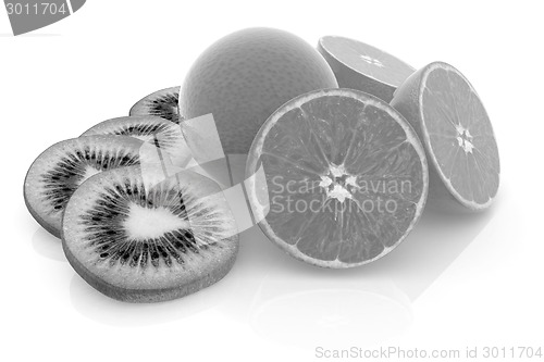 Image of slices of kiwi, orange and half orange