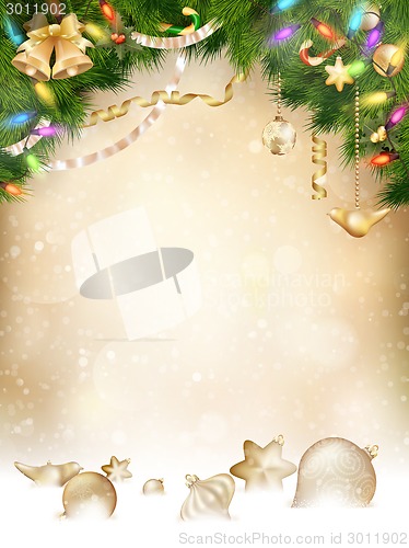 Image of Tree branches with golden baubles. EPS 10